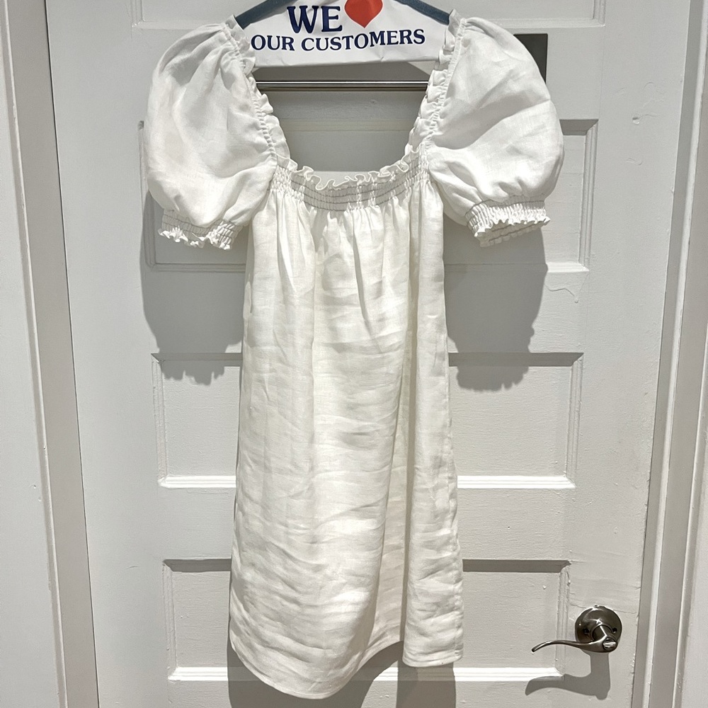 REFORMATION, WHITE LINEN MINI DRESS, SIZE M